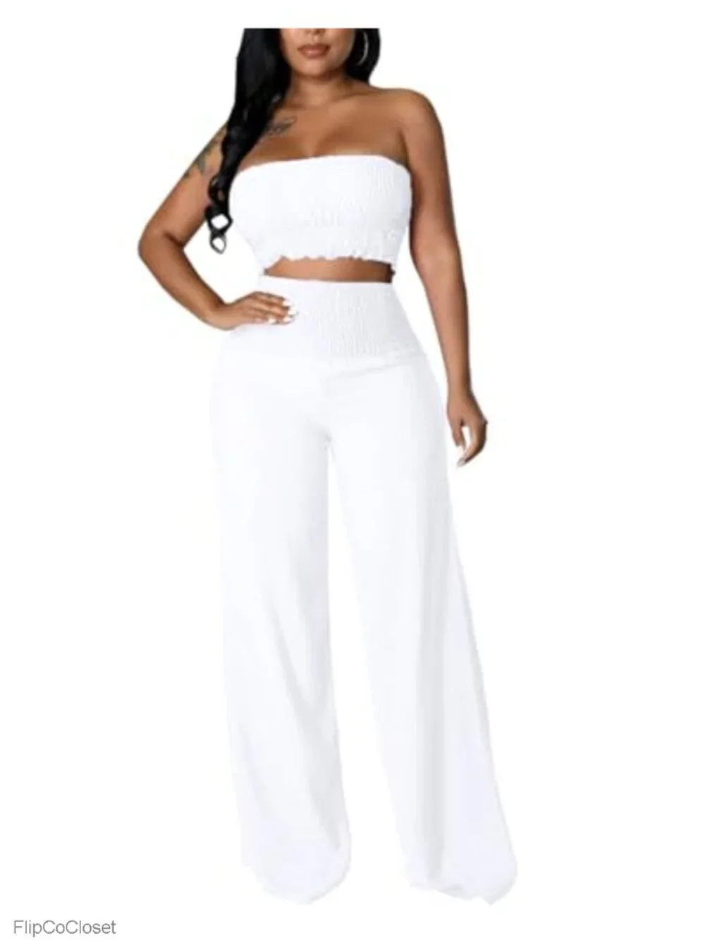 Women's 2 Piece Crop Top Wide Leg Pants Jumpsuit Set with Pockets Vacation